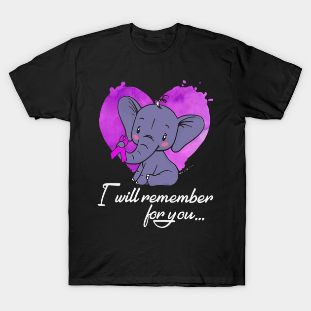 I Will Remember For You Elephant Alzheimers Awareness Peach Ribbon Warrior T-Shirt by celsaclaudio506